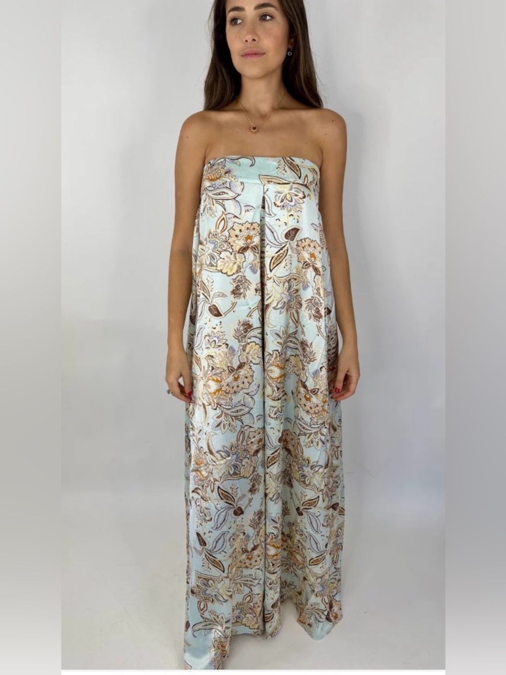 Strapless Floral Maxi Dress in Light Blue and Tan